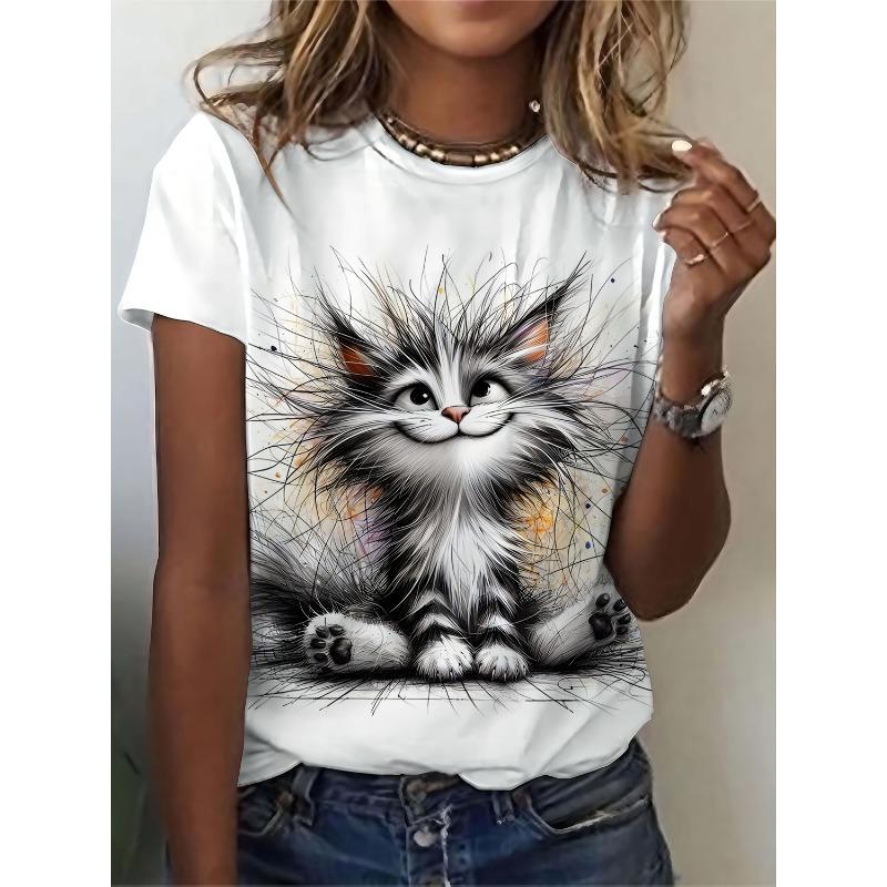 Fun Cat Pattern Print, Women'S Fashion, Women'S Comfortable Casual Round Neck Top, Women'S Elegant Round Neck T-Shirt