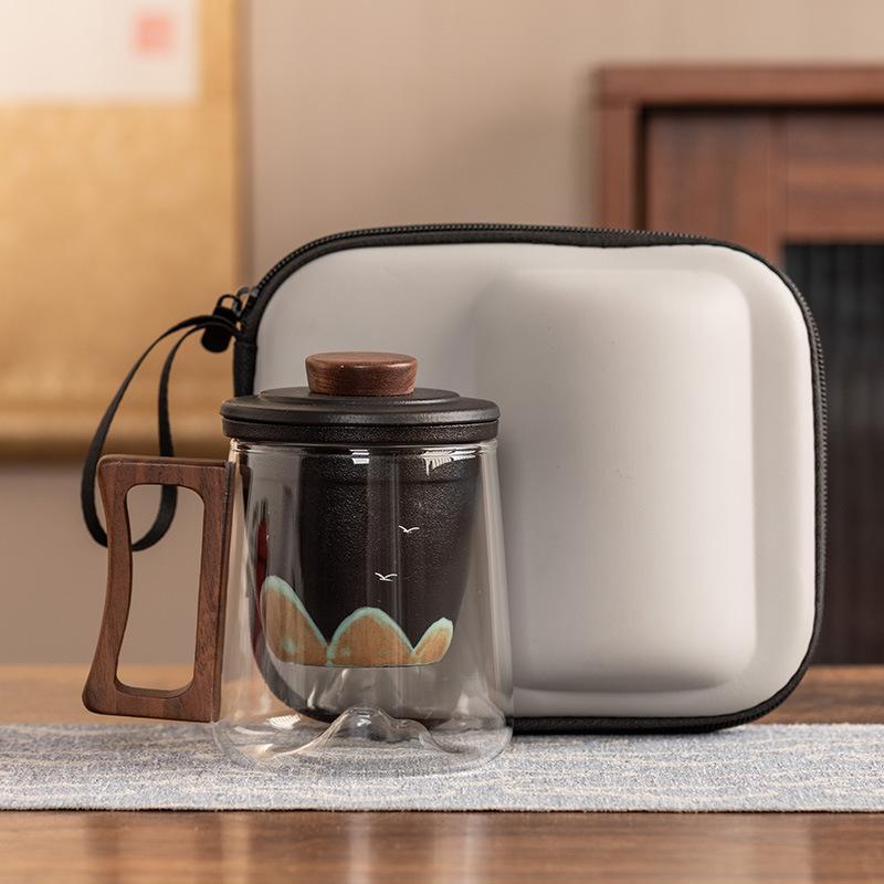 Black sandalwood handle office cup ceramic liner filter glass tea cup high-end anti-scalding gift box portable gift