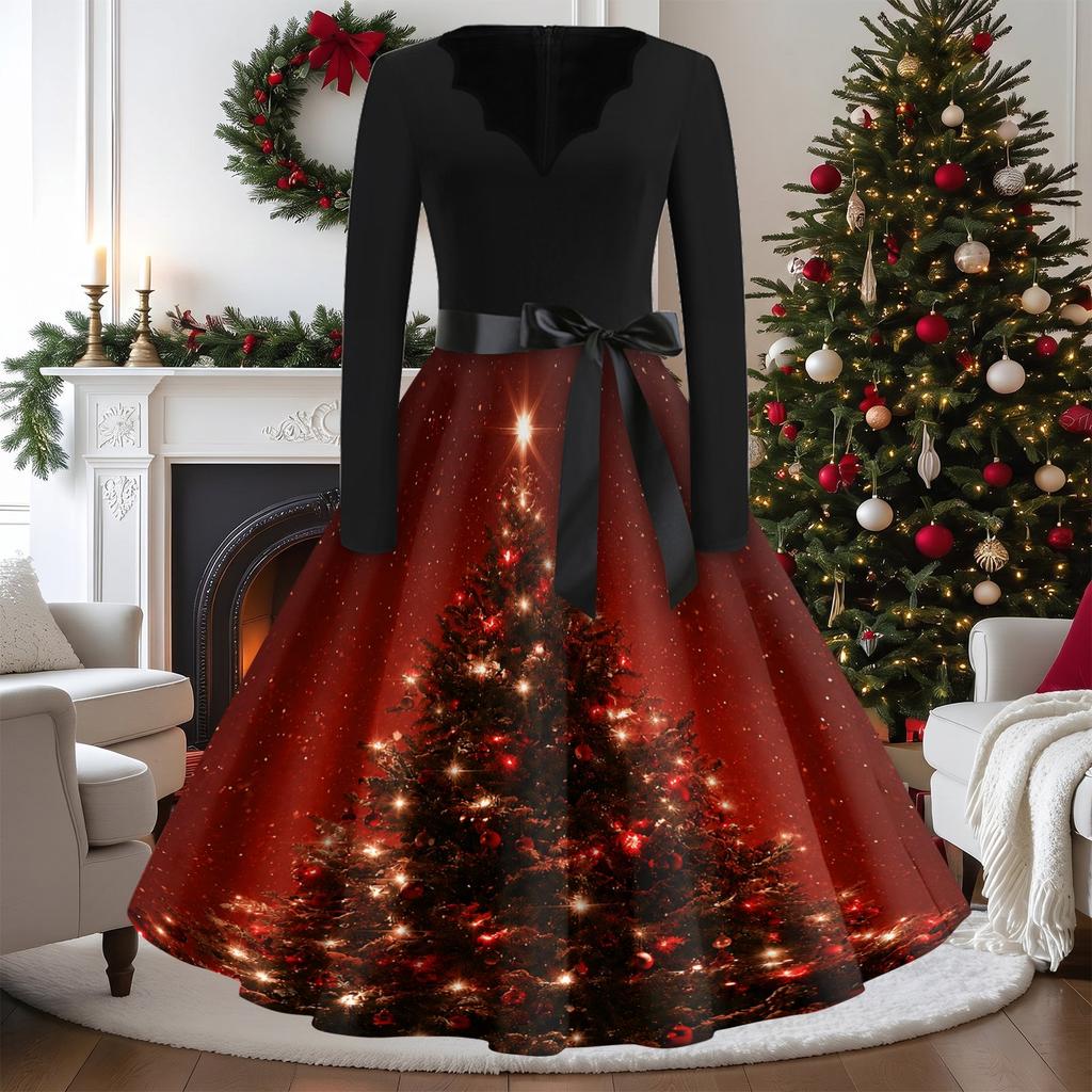 Women's Casual Vintage V-Neck Long Sleeve Dress with Christmas Print for Holiday Party