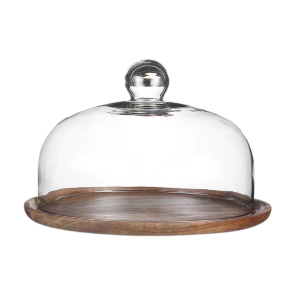 Wooden Cake Stand with Glass Cover Dessert Plate Decorative Cake Holder Round Cake Plate for Cream Candy Party Dessert Cake