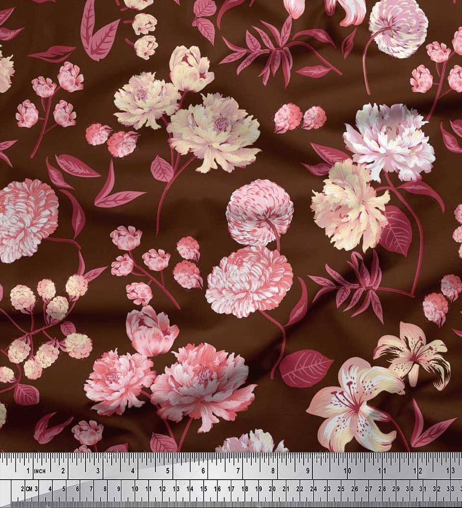 Soimoi Japan Crepe Satin Fabric Leaves,Peony & Dahlia Flower Printed Fabric 1 Metre 42 Inch
