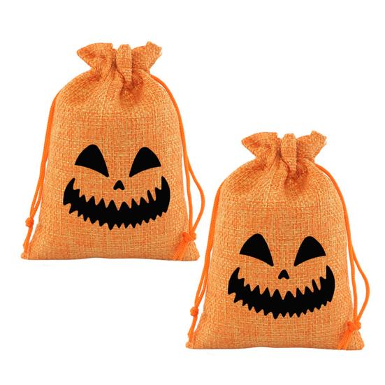 Party Favor Bags with Handles 2 Pcs Halloween Burlap Gift Drawstring, Trick or Treat Kids Activity Supplies Candy Pouch, Reusable Goodies Bag