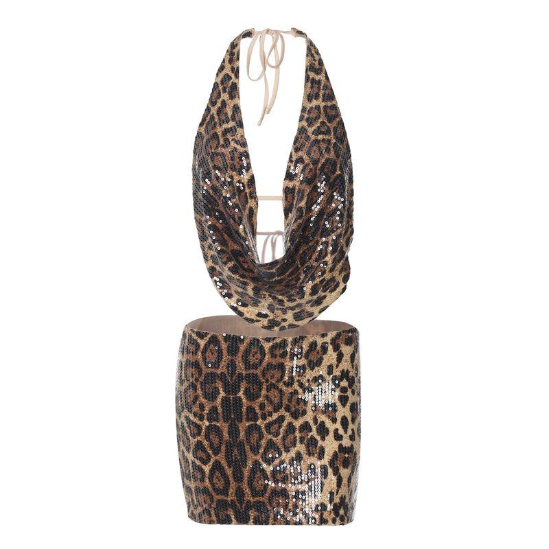 

Gyaru Style Leopard Print Hanging Neck V-neck Cami Women Sleeveless T-shirt Sexy Sequined Skirt Hip Skirt Set Leopard print L