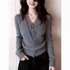 Gray Lace Trim Knit Cardigan Long Sleeve Women Spring Top