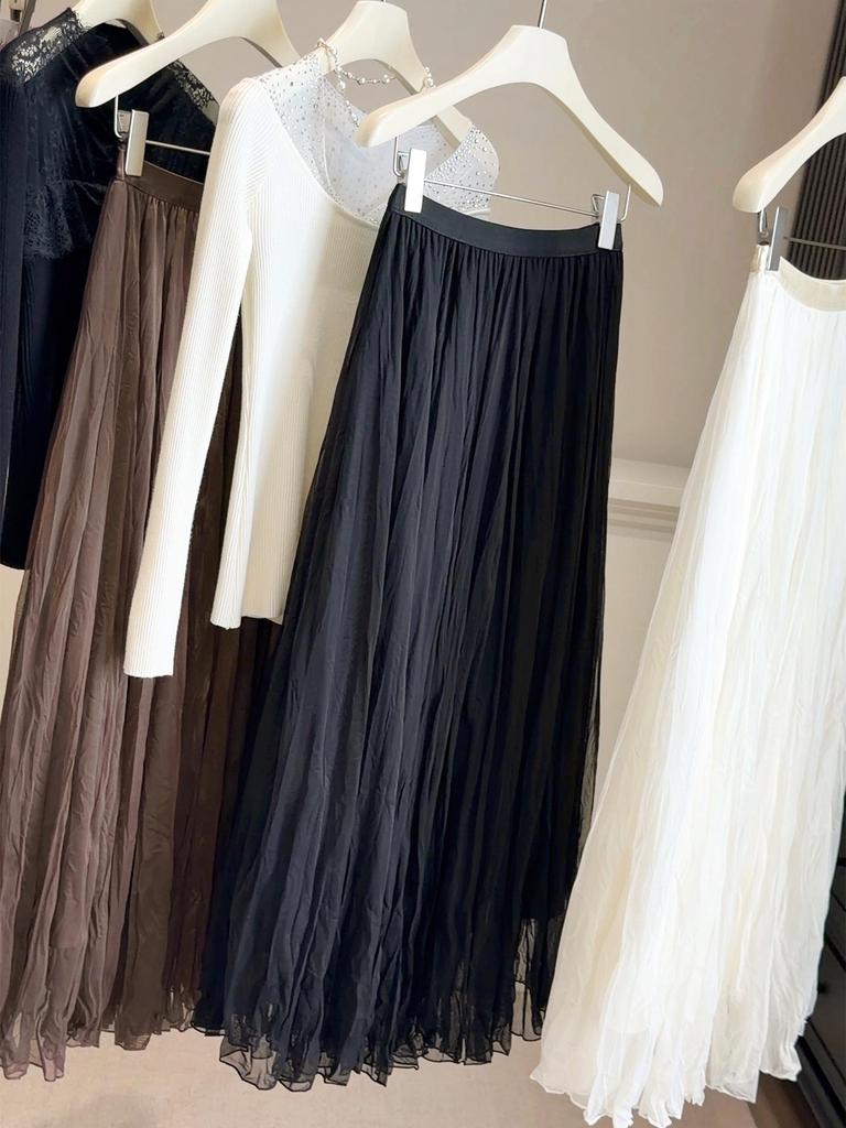 Elegant Versatile High-Quality A-Line Pleated Mesh Skirt for Women - Mid-Length Fairy Style