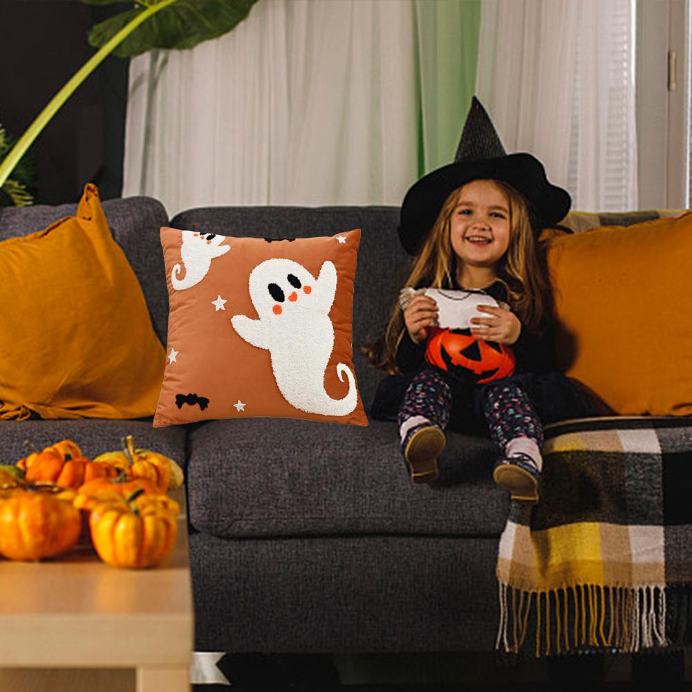 Halloween Embroidered Cushion Cover Soft Ghost Pillow Cover Embroidered Decorative Pillow Cover for Home Decor