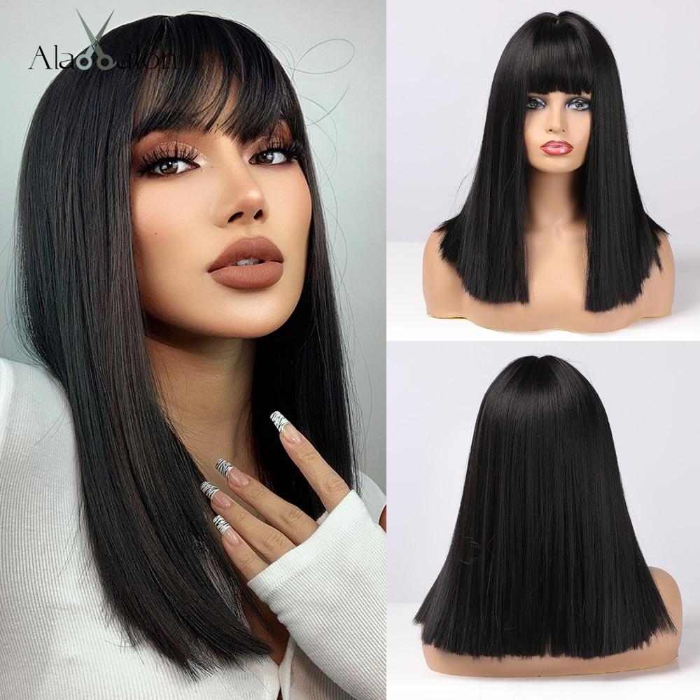

ALAN EATON Wine Red Synthetic Wigs for Women Medium Length Straight Bob Wig with Bangs Косплей Натуральне волокно Термостійке волосся