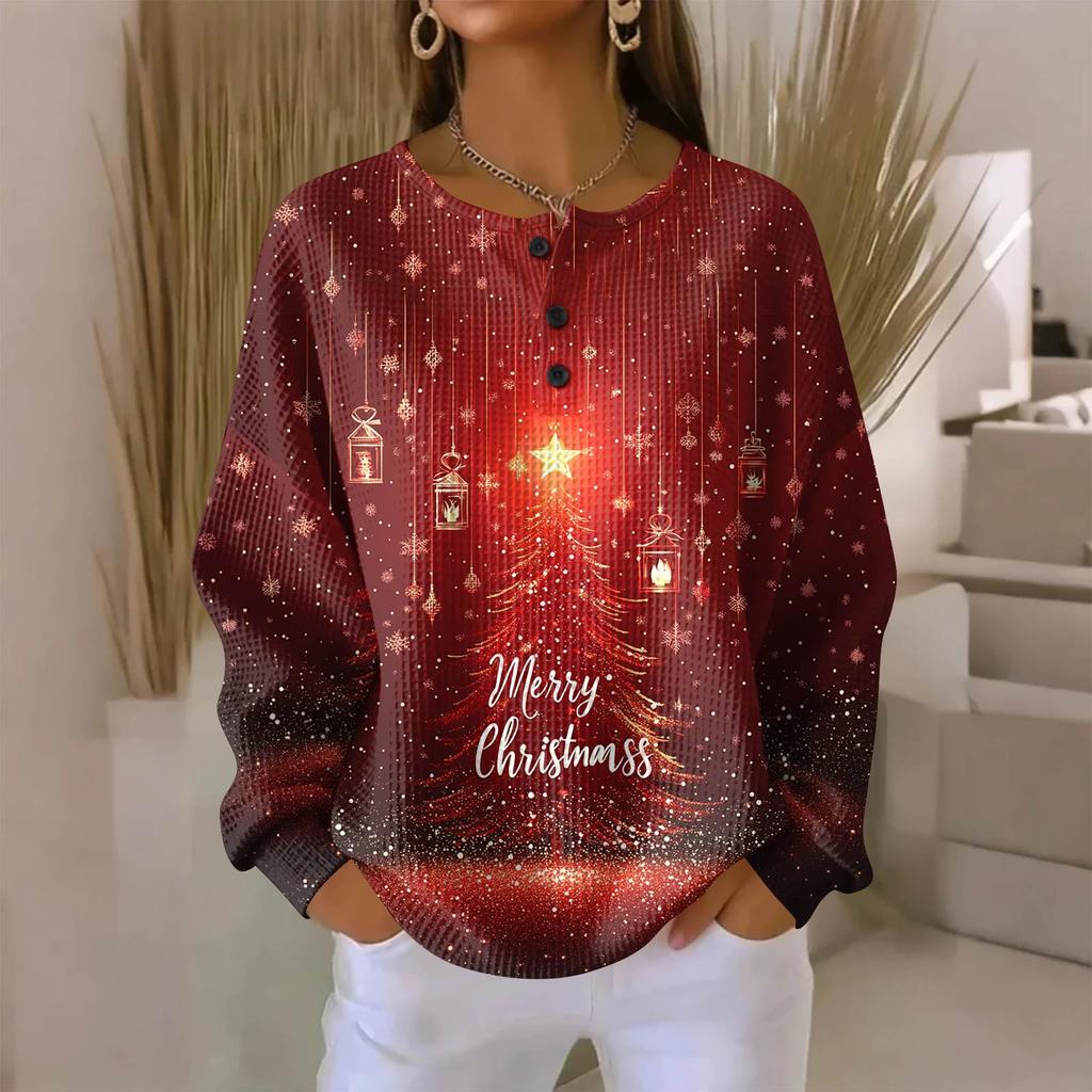 Camicia da donna alla moda casual con stampa natalizia, scollo a V, maniche lunghe e abbottonatura.