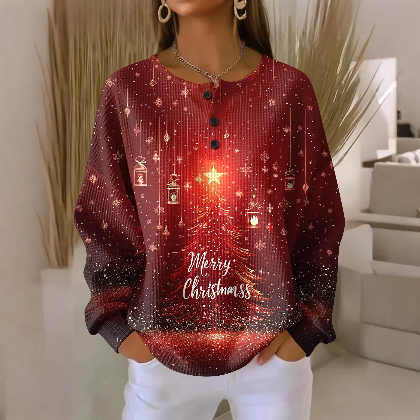 

Женская модная повседневная блузка с принтом на рождественскую тематику, V-образным вырезом, длинными рукавами и застежкой на пуговицы XL