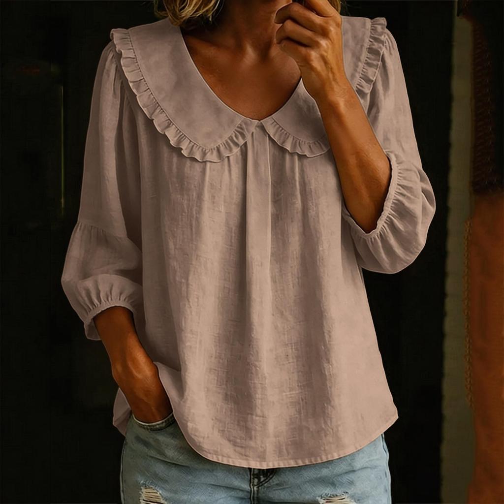 Women's Casual Solid Color Blouse Ruffle Trim Top Long Sleeve Loose Fit Shirt Lightweight Comfortable Fabric