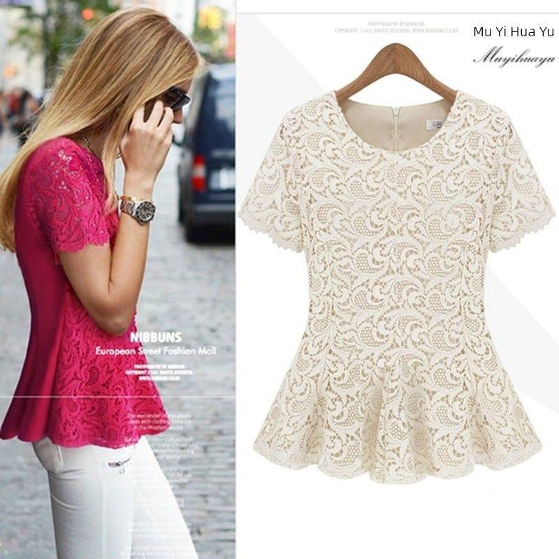 

New Product Plus Size Ladies Women s Large Size Short-Sleeved round Neck Lace White 3XL