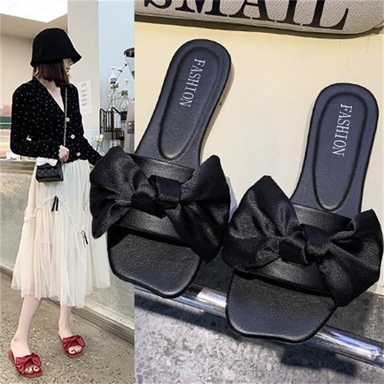 2025 summer new fashion casual slippers women's outer wear square head bow flat bottom one-word drag