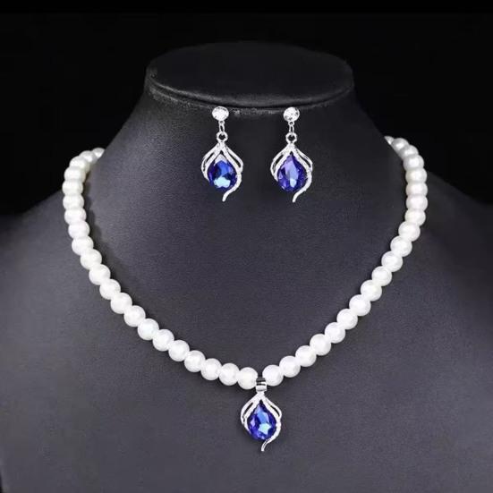 2Pcs/Set Imitation Pearl Jewelry Set Retro French Style Blue Waterdrop Faux Gem Charm Necklace Earrings Set