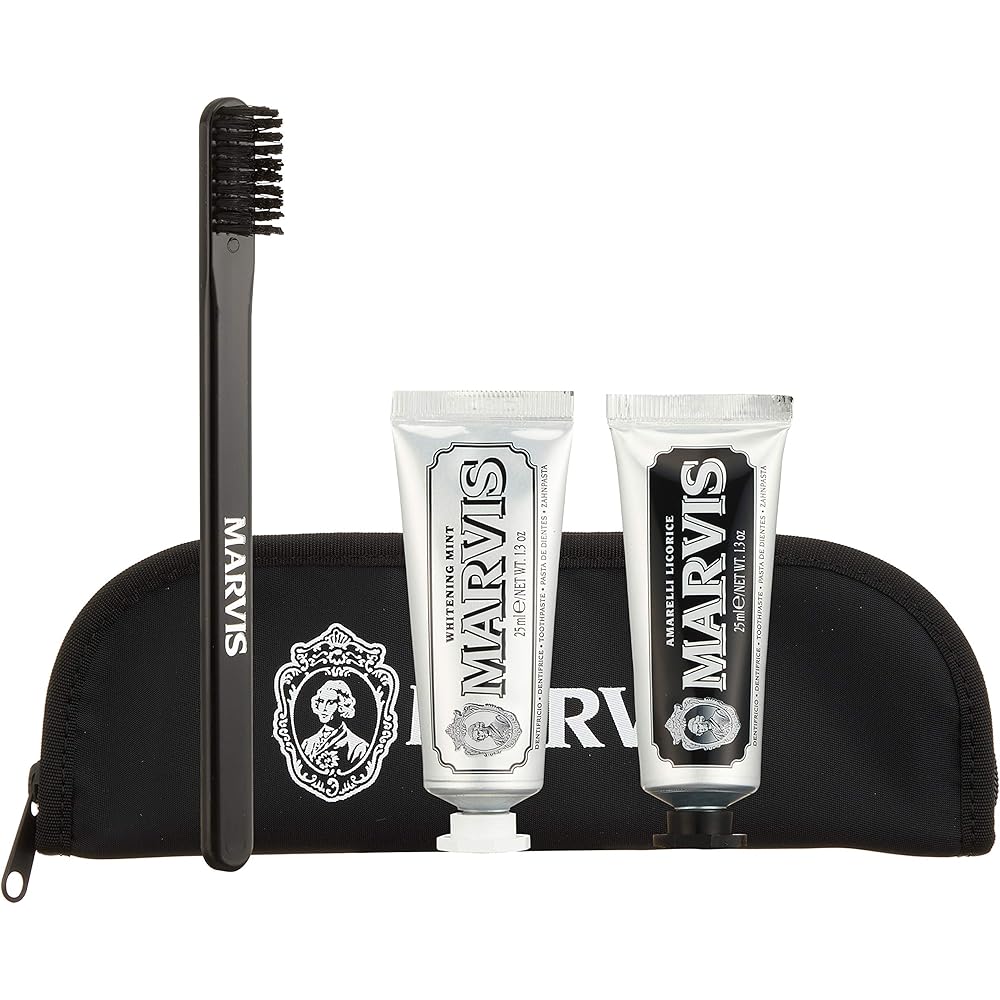 Marvis Travel Set Double Flavors Toothpaste Toothbrush Pouch Oral Care Gift Italy White Mint Licorice Mint