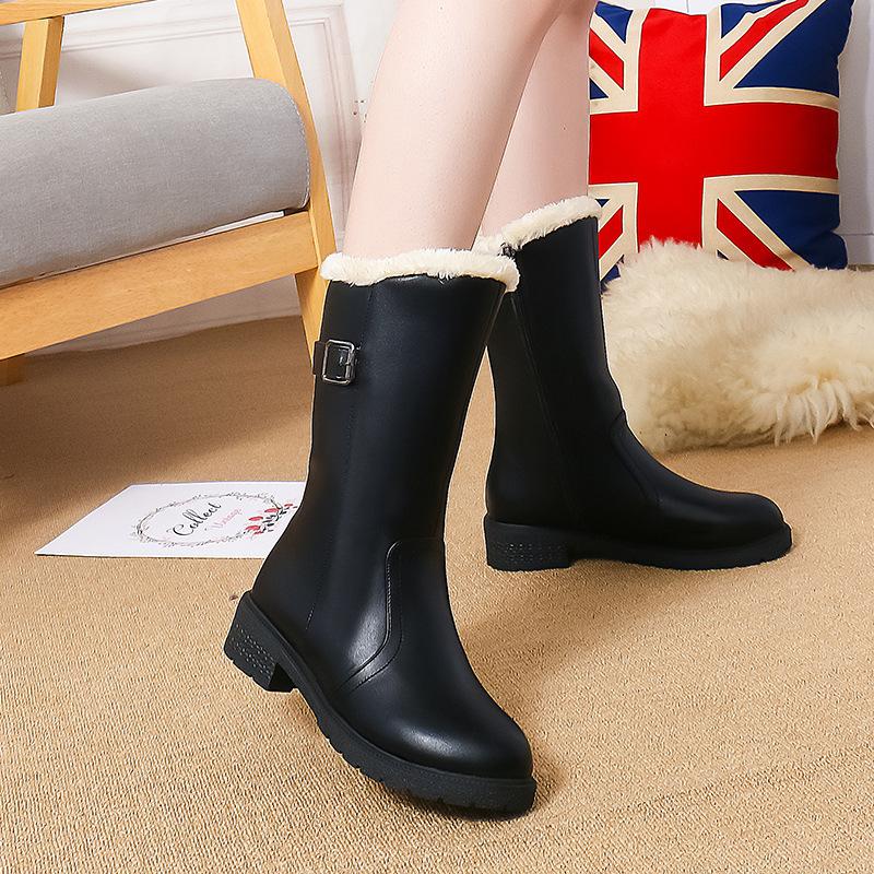 

Модные женские кожаные зимние ботинки с пряжкой и ремешком, однотонные, до середины голени, для снега и дождя, женская обувь, сохраняющая тепло, зимняя обувь Botines Mujer tyh6 9 чёрный