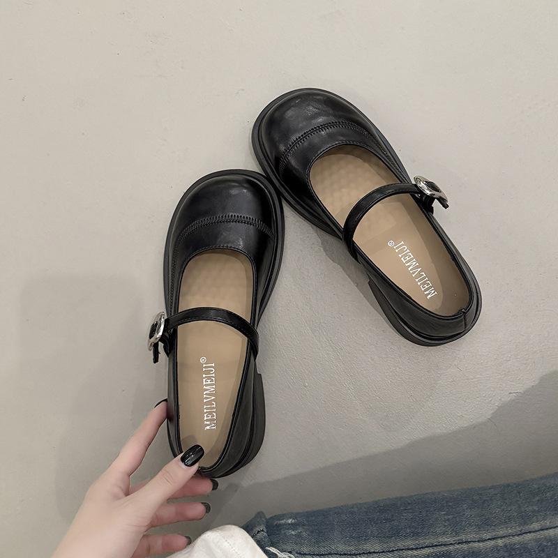 Retro Round Head British Women's Shoes 2025 Small Leather Shoes Versatile Belt Mary Jane Shoes Women's Low Heel Light Mouth Loafer Single Shoes