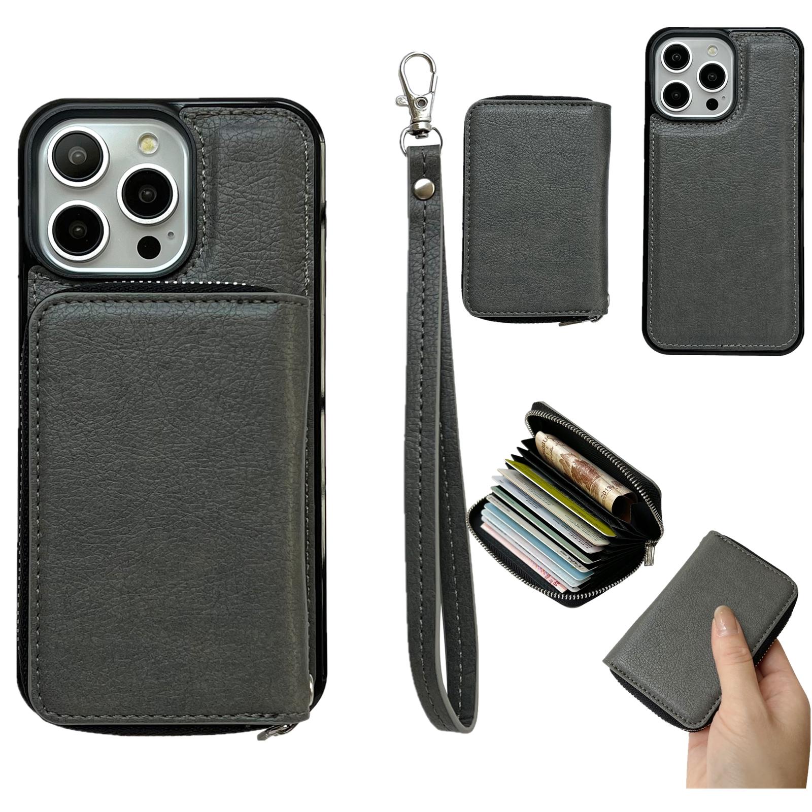 For iPhone 16 Pro Max Case Detachable Zipper Card Bag PU+TPU Kickstand Phone Case with Strap C