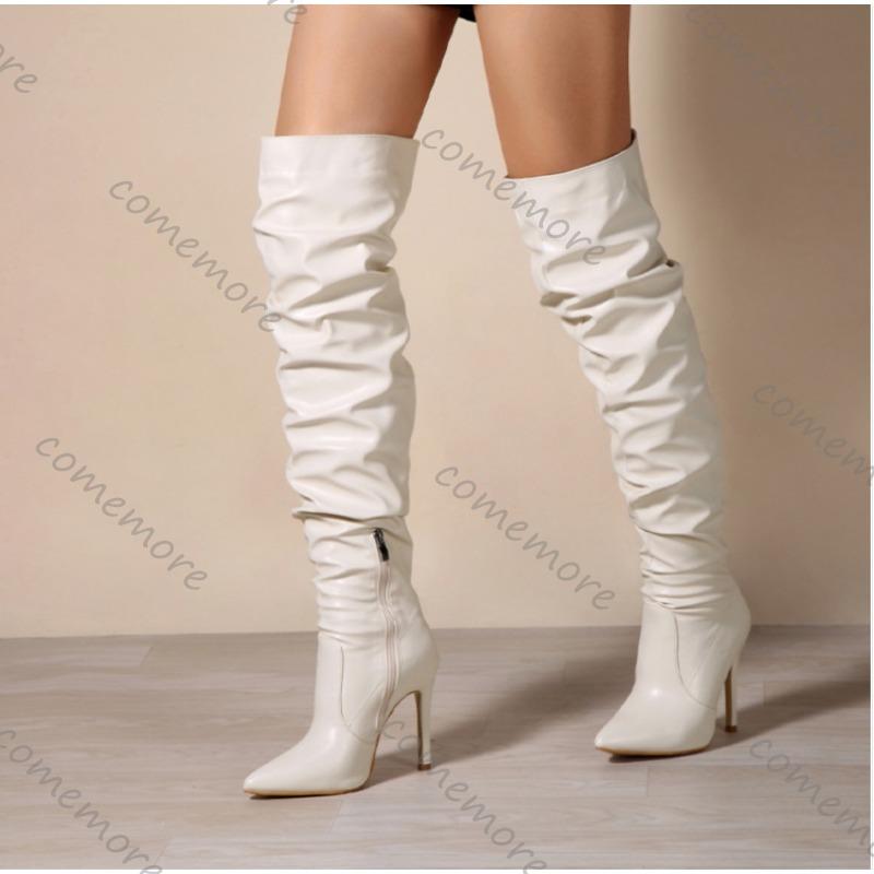 Fashion Comemore Plissierte Oberschenkelhohe Lange Stiefel Sexy Spitzzehe Reißverschluss Über dem Knie Damenstiefel Hohe Absätze Einfarbige Schuhe für Damen