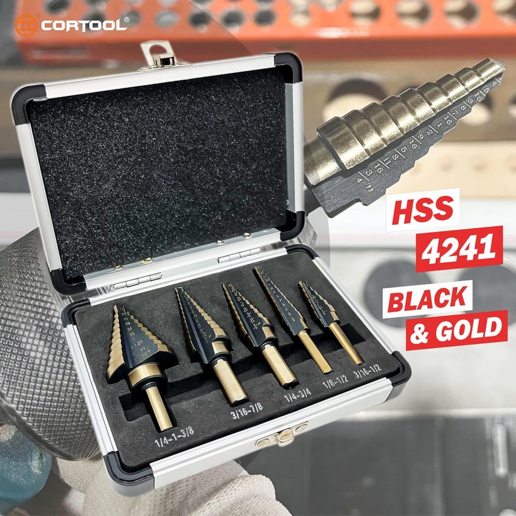 Step Drill Bits HSS 5PCS Titanium Step Drill Bit Set, 50 Sizes (1/8" to 1-3/8") High Speed Steel Unibit Drill Bits Set for Sheet Metal with Aluminum