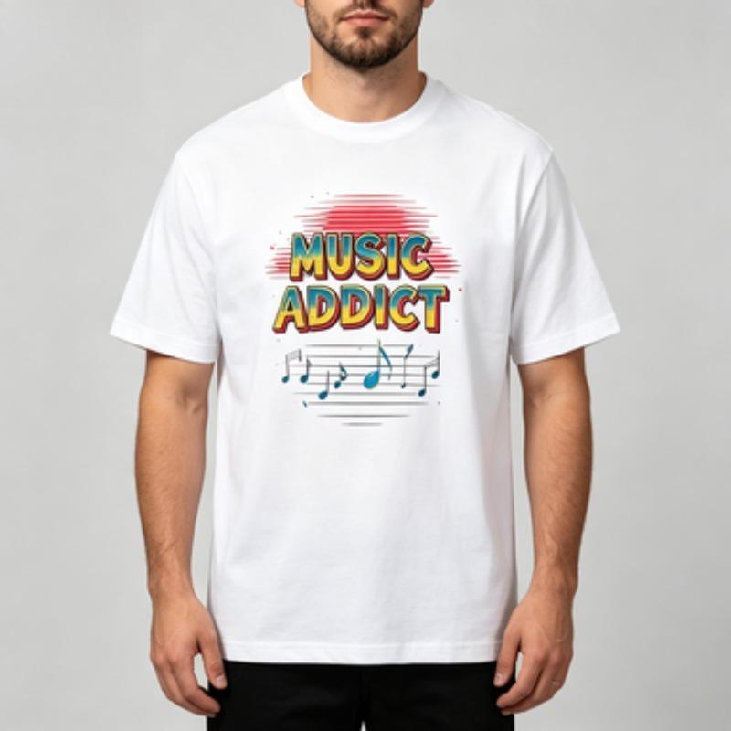 Soft Cotton Unisex Tshirt Vintage Music Addict Note Art Print Oneck Trendy Loose Fit Hip Hop Daily Casual Outfit Tops