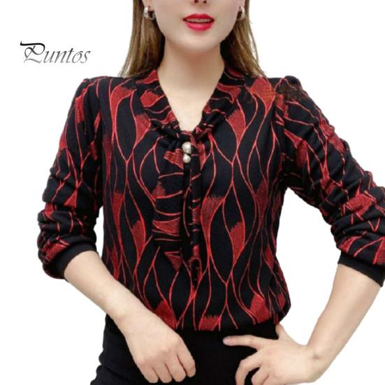 Women Tie Shirt V-neck Long Sleeve Pullover Tops Printing Faux Pearl Loose Fit Blouse Plus Size Streetwear