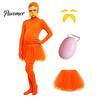 Halloween Party Jumpsuits Orange Full Bodysuit, with Tulle Skirt, Fake Belly, Yellow Mustache & Eyebrows, Cosplay Outfit Open Face Zentai Suit,