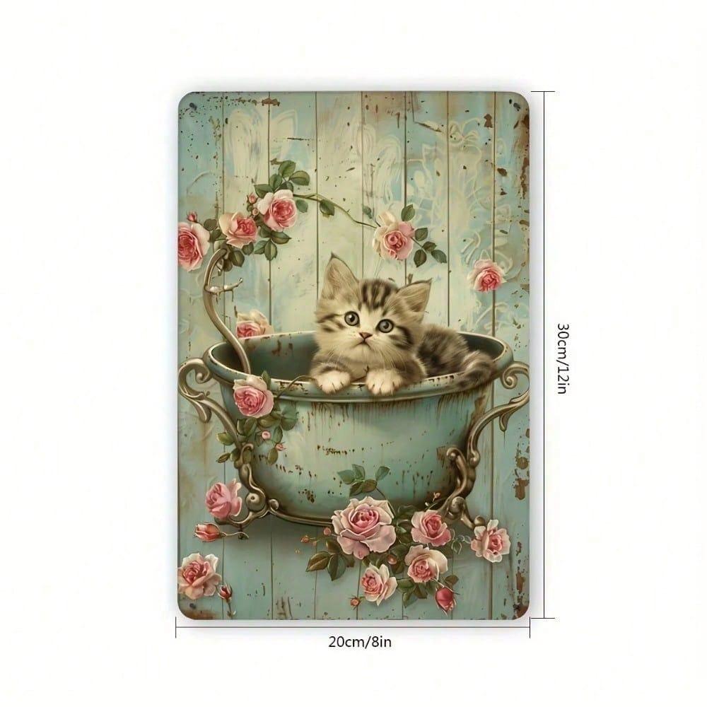 Vintage Cat Bathing Metal Tin Sign Retro Foil Engraved Iron Wall Decor Indoor Outdoor Floral Feline Hanging Art Home Garden Ornament