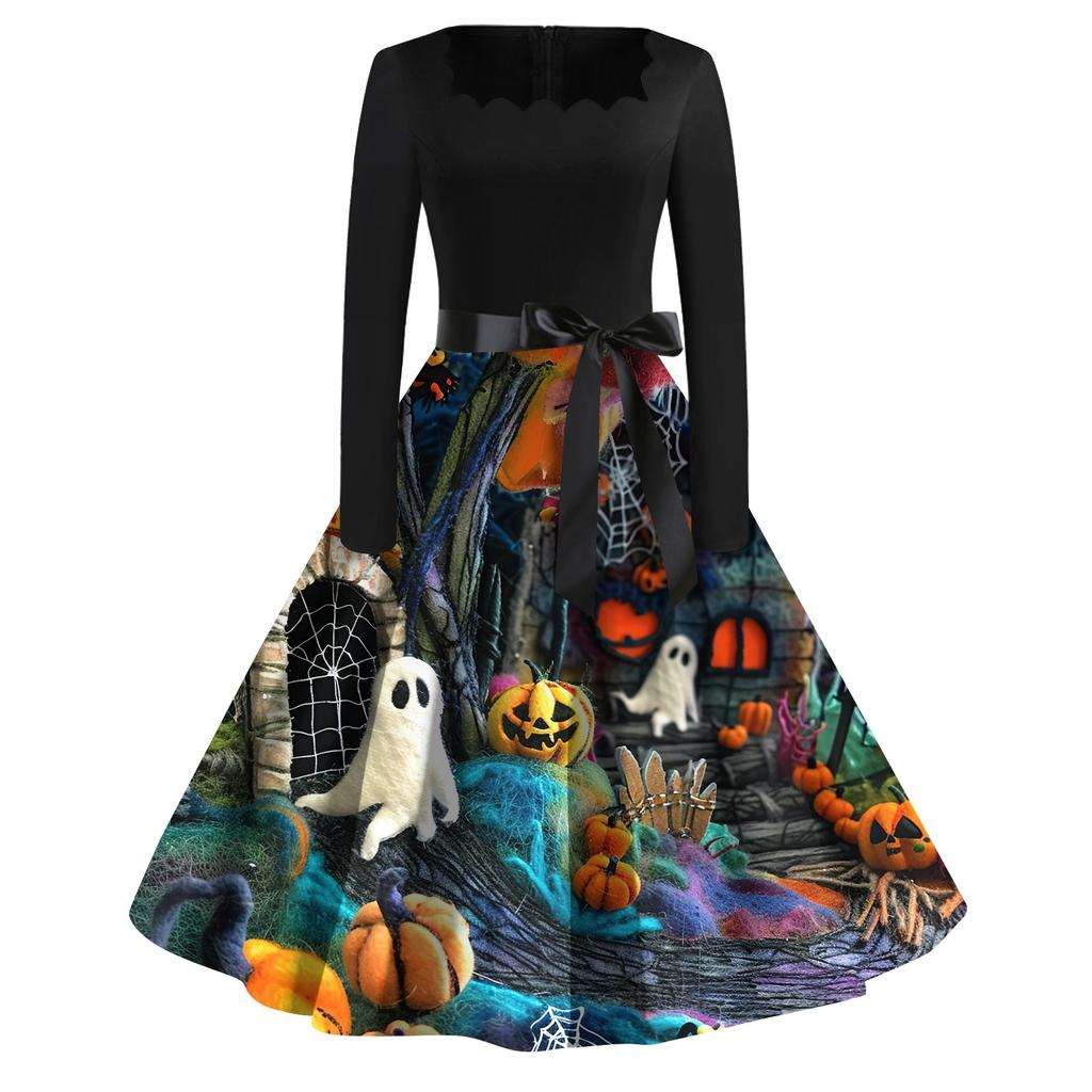 Women's Casual Fashion Halloween Printed Square Neck Vintage Dress
