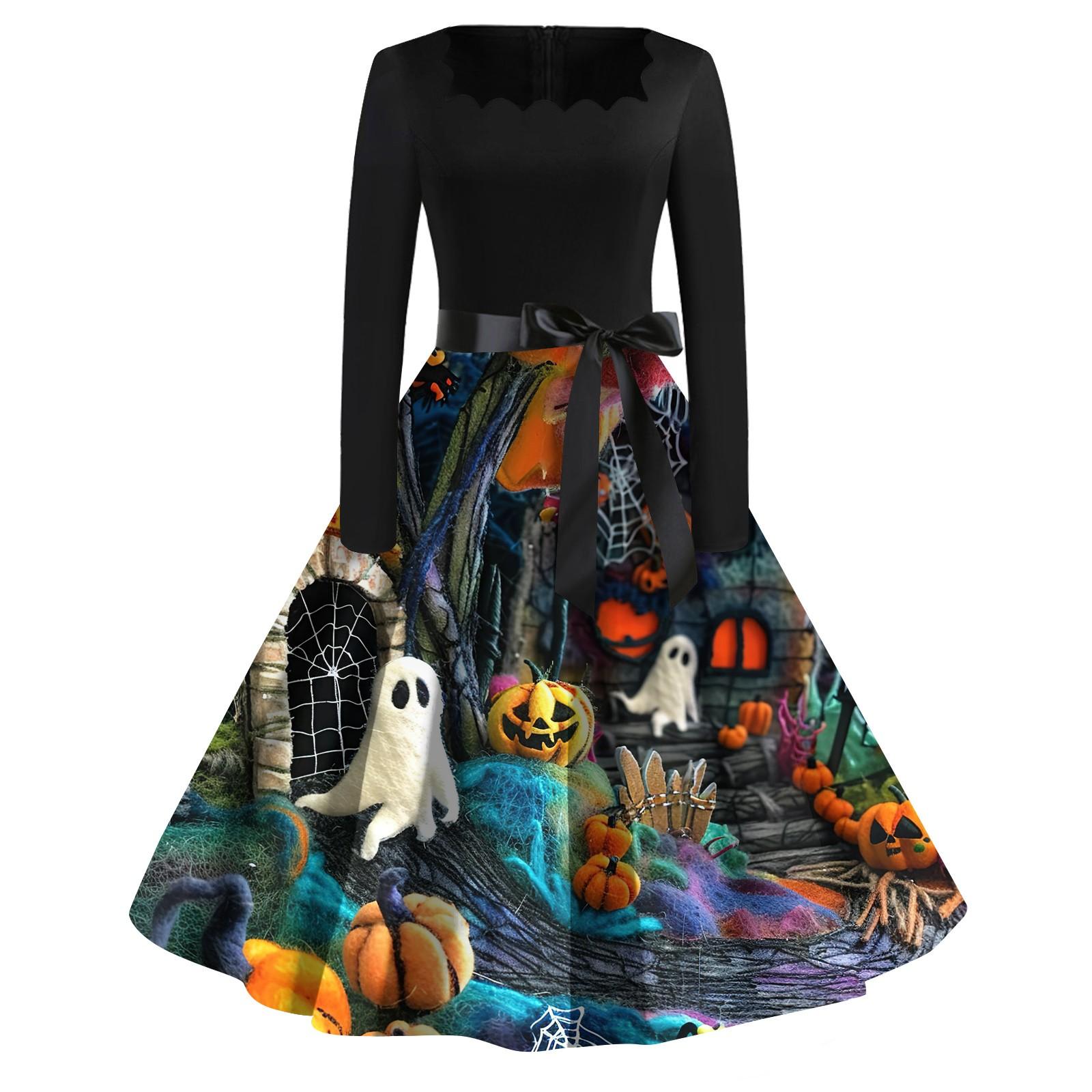 

Женское повседневное модное платье винтажного стиля с квадратным вырезом и принтом на Хэллоуин XL