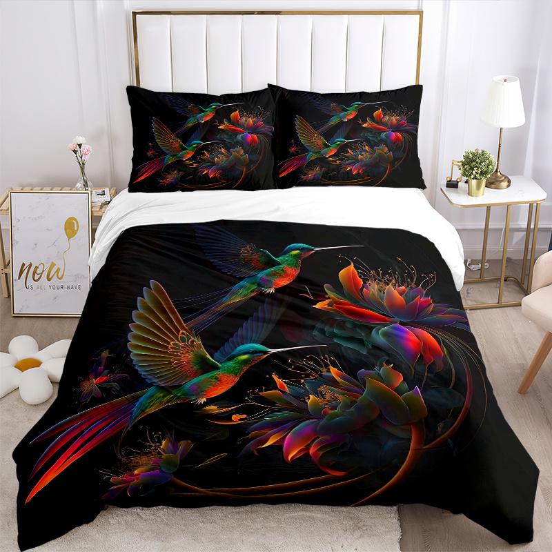 3pcs Colorful Hummingbirds in Flight Printed Bedding Set, Soft and Comfortable Quilt Cover for Bedroom, Guest Room