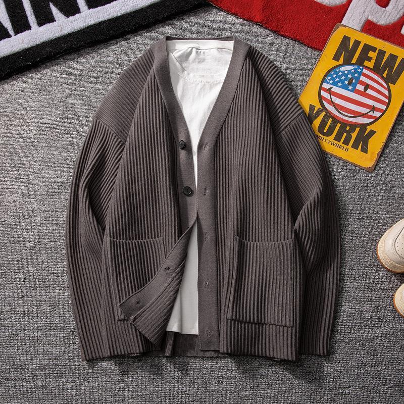 New Autumn V-neck Solid Color Knitted Cardigan Korean Version Knitted Top Slim Sweater Coat Men's Cardigan