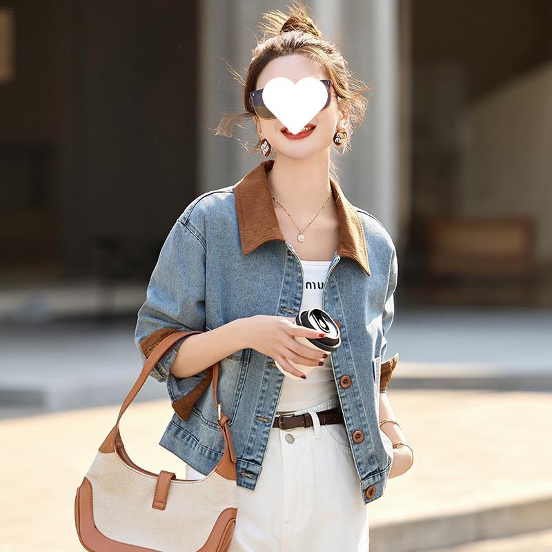 Wiosna 2025 Damska kurtka dżinsowa w stylu retro z blokami kolorów i klapami