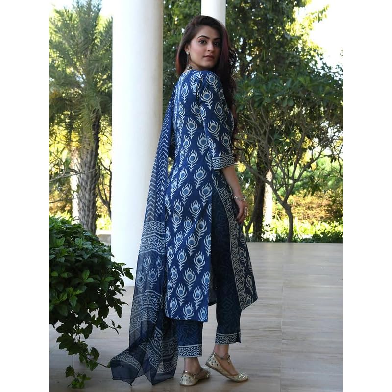 Pinkmint Indigo Printed Kurta Set for Women Ll Kurta Pant & Dupatta Suit Set