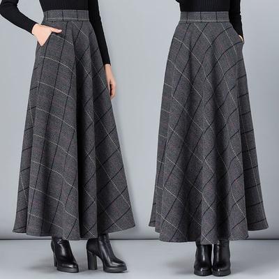 New Woolen Plaid Skirt for Women Mid-length Autumn and Winter Slimming High-waisted A-line Skirt Casual Long Skirt