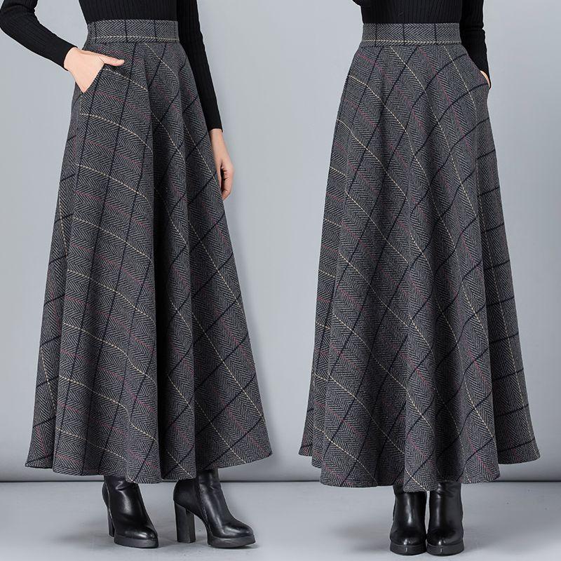 New Woolen Plaid Skirt for Women Mid-length Autumn and Winter Slimming High-waisted A-line Skirt Casual Long Skirt