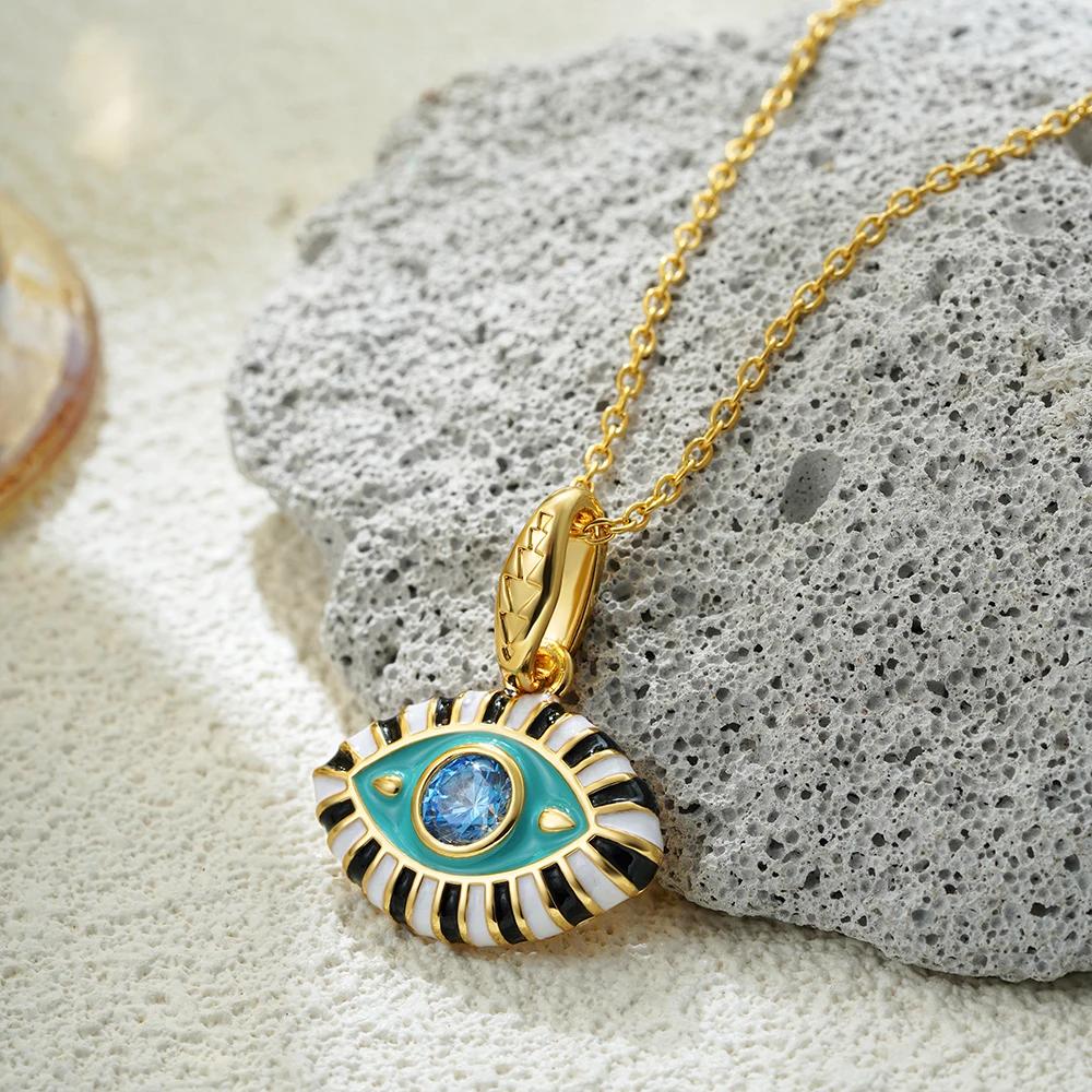 Vintage Multicolor CZ Zircon Enamel Evil Eye Pendant Necklace for Women Fashion Gold Plated Oil Drip Charm Collar Jewelry Gifts
