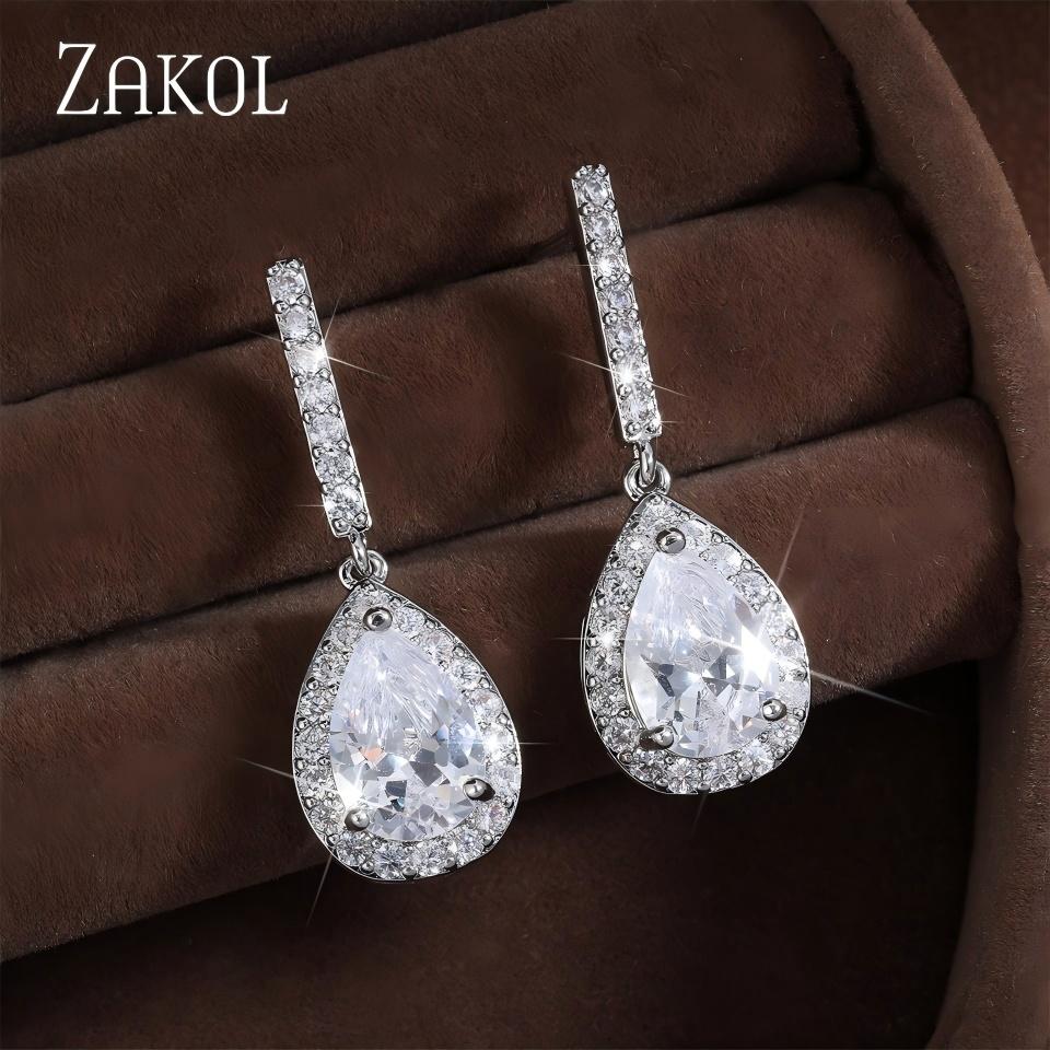 ZAKOL Luxury Teardrop Cubic Zirconia Dangle Earrings For Women Sparkling Crystal Earrings Bridal Wedding Party Jewelry Gift