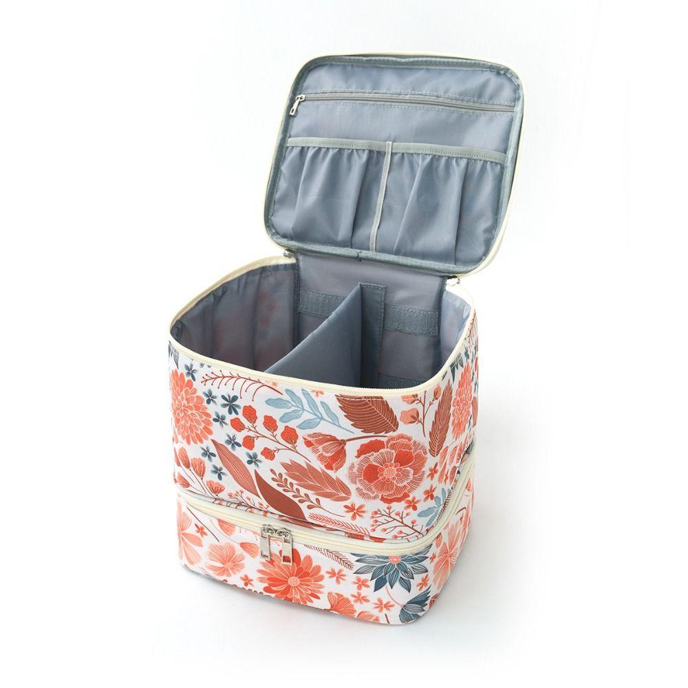 Double Layer Nail Polish Storage Bag Large Capacity Floral Print Nail Lamp Case Detachable with Handle Makeup Bag