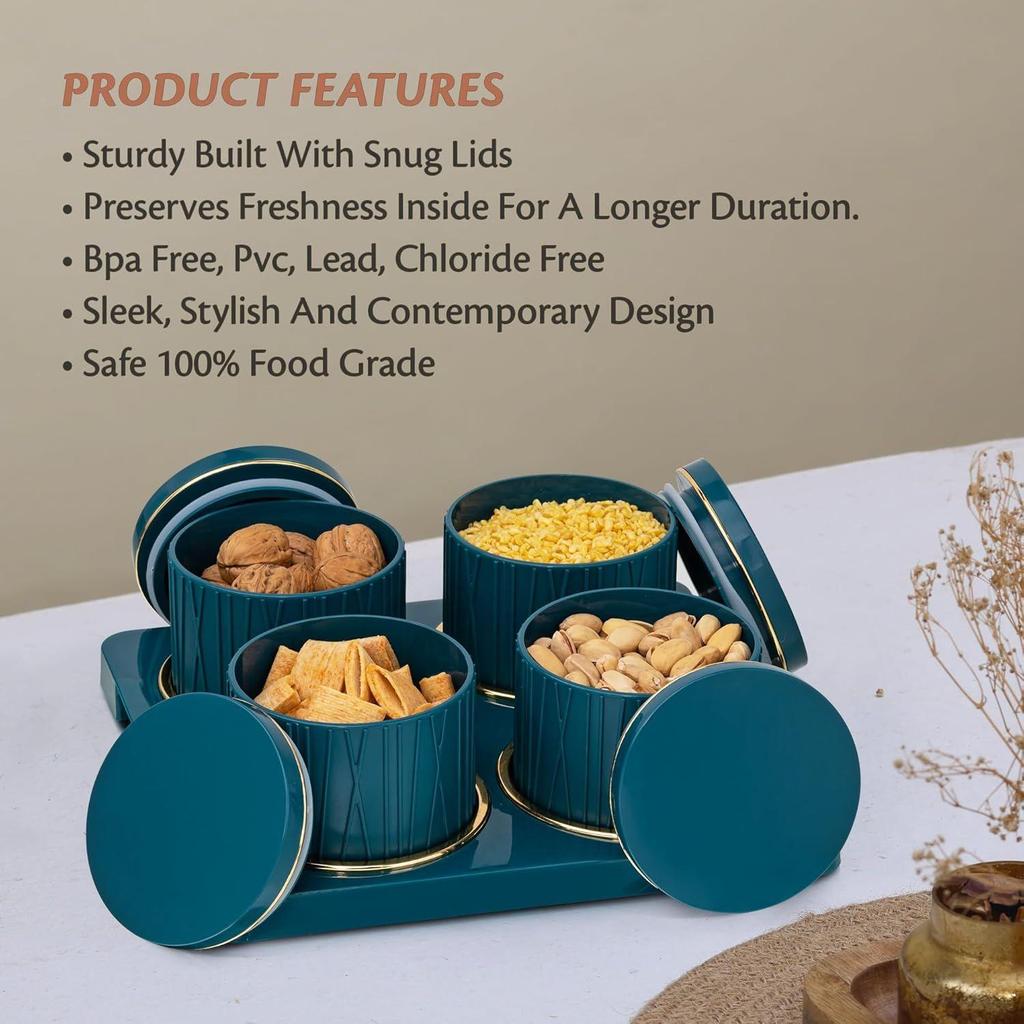 Container Tray Set -4 Pcs (450ml) -Multi-Color (Classic White, Repose Grey, Bluish Grey) Polypropylene with Subtle Gold Rim (Emerald Green)