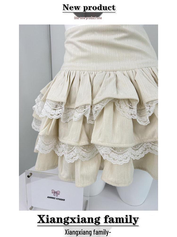 Aprikosenfarbener A-Linien-Midirock mit hoher Taille, Spitzen-Patchwork und bauschigen Lagen