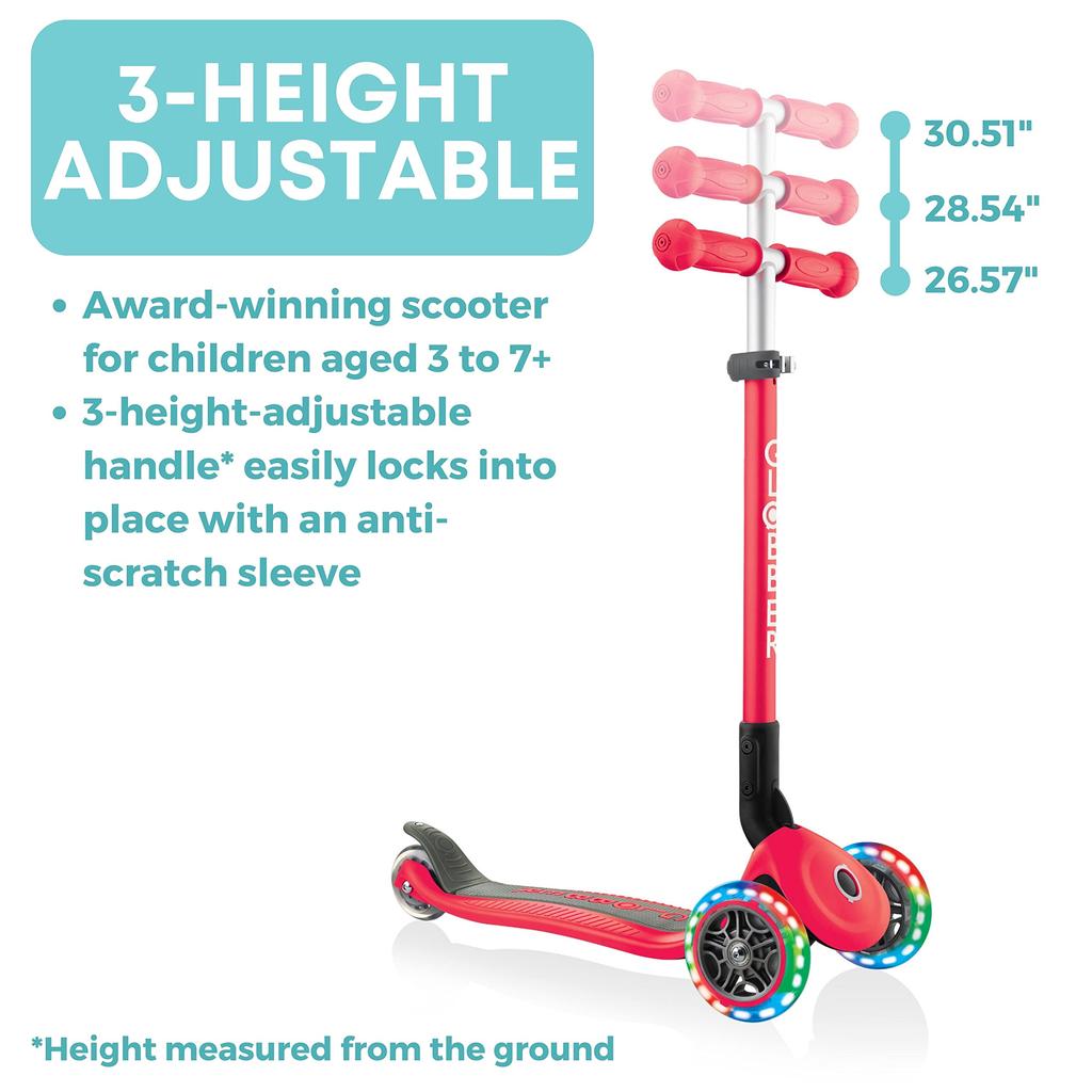 GLOBBER Primo Foldable Kick Scooter with Flashing Foot Perfect for Outdoor Kick Red Lights, 3-Wheel Brake, Play, Kids' Ride-On Scooter, (WLGB432102)
