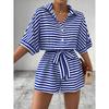 Striped Lapel Mid Sleeved Jumpsuit Shorts Stripes Lapel Mid-Sleeve Jumpsuit