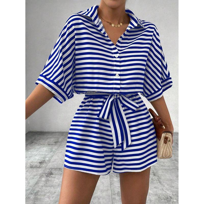 Striped Lapel Mid Sleeved Jumpsuit Shorts Stripes Lapel Mid-Sleeve Jumpsuit