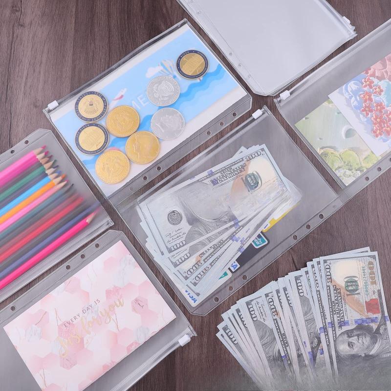 10Pcs A6 Loose-leaf Folder Pocket 6-hole Transparent Zipper Bag Document and Business Card Multi-functional Storage Bag