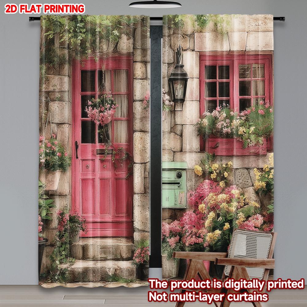 Set Of 2 Pink House Floral Curtains Digital Printing Stone Wall Colorful Flowerpots Blue Door Window Cozy Bedroom Decor Curtain Polyester Perfect For
