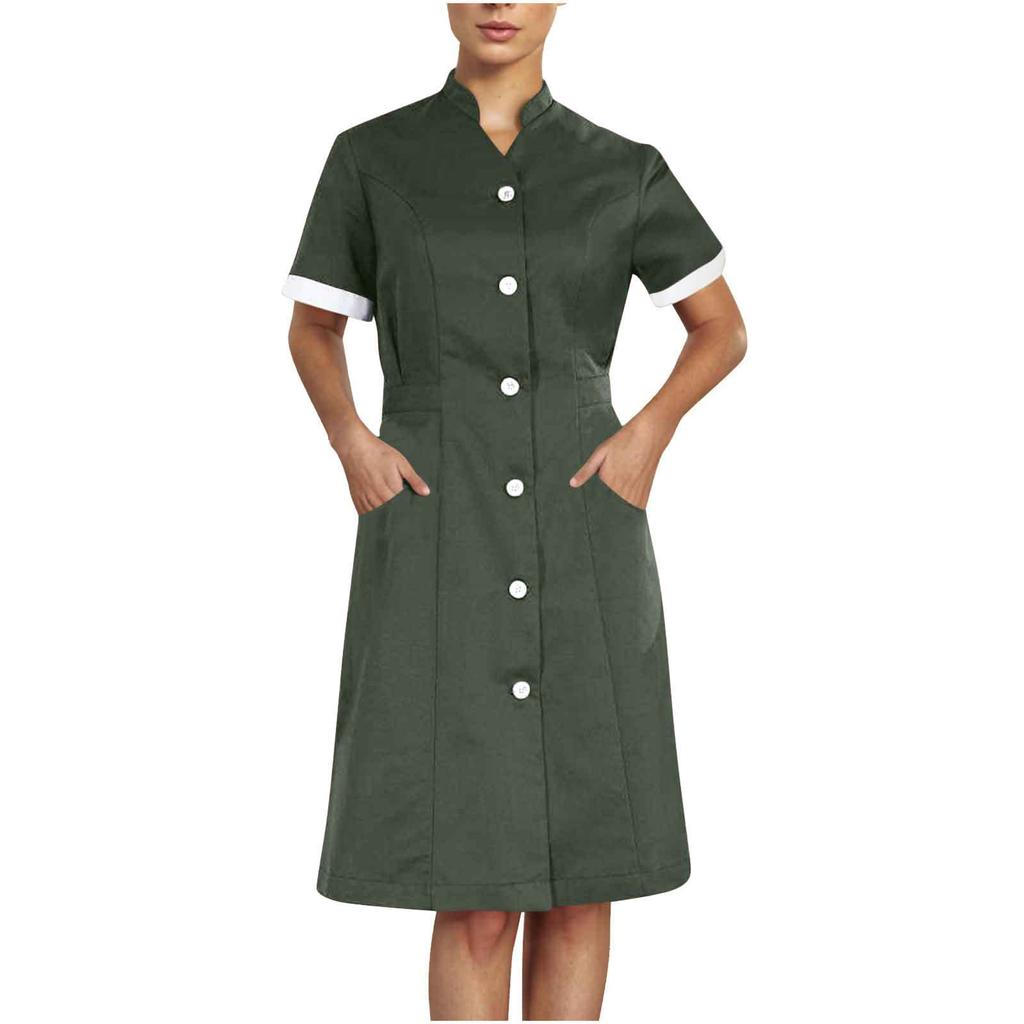 Housekeeping Uniform Dress Womens Button Down Scrub Dresses Short Sleeve Lapel Nursing Shirt Dress with Pockets