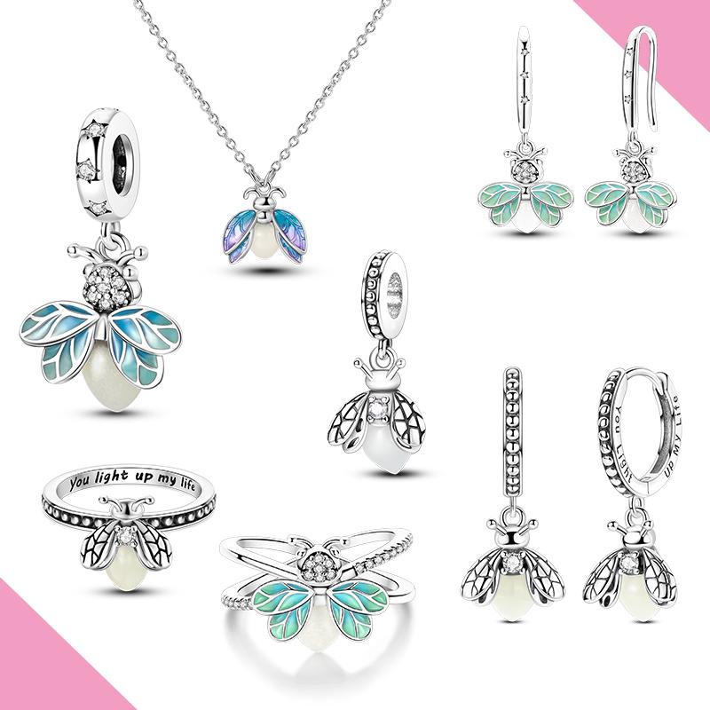 Original Copper Luminous Firefly Charm Earring Ring Necklace Jewelry Set For Woman Fit Jewelry Diy