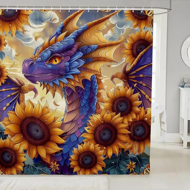 Elegant Oriental Dragon & Floral Bath Curtain - High-Quality Waterproof, Mildew-Proof Bathroom Decor, Traditional Artistry Touch