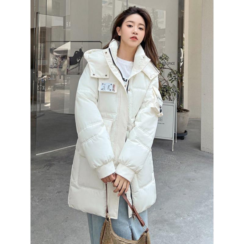 Giacca imbottita in piumino spesso da donna, design medio e lungo, con cappuccio, alla moda, versatile, imbottita, marea