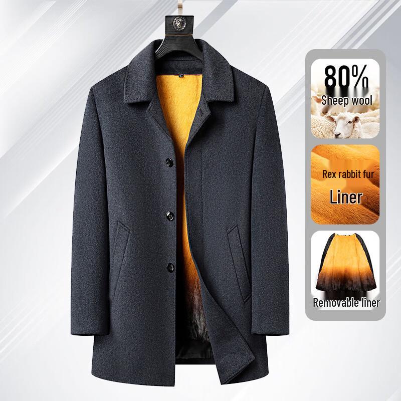 Men's Winter Wool Blend Overcoat with Removable Rabbit Fur Lining